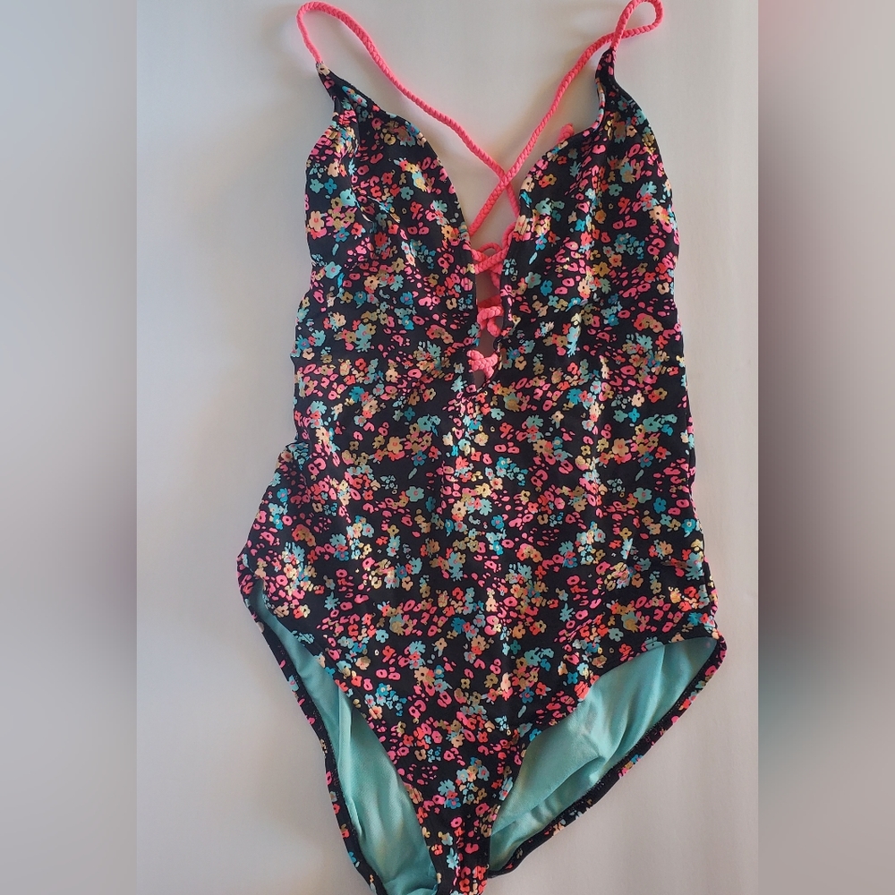 Joe boxer Neon Floral Black Tie Front Summer One Piece Womans Bathing Suit Large - Picture 2 of 6